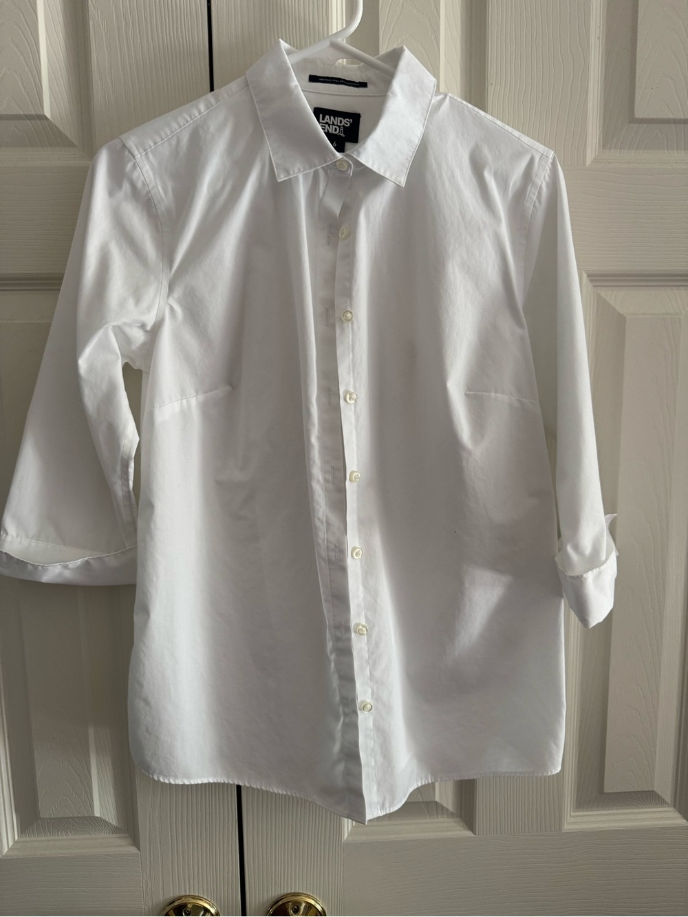 Lands' End Women's White Button-Front Dress Shirt 3/4 sleeve